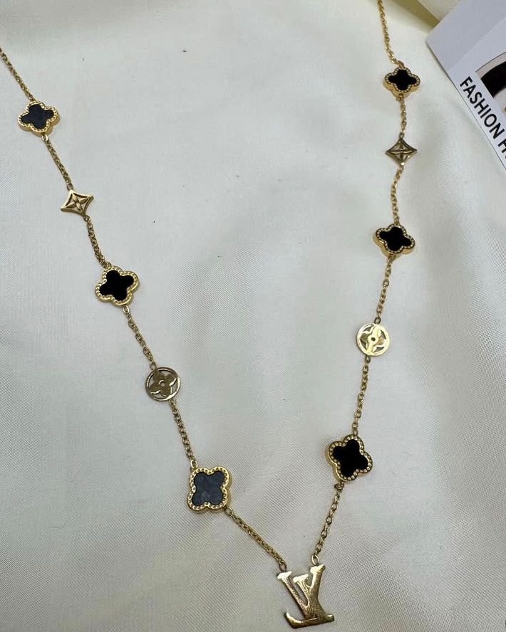 Luxe Clover & LV Charm Necklace – Gold-Tone Stainless Steel | Fashion Hub PK