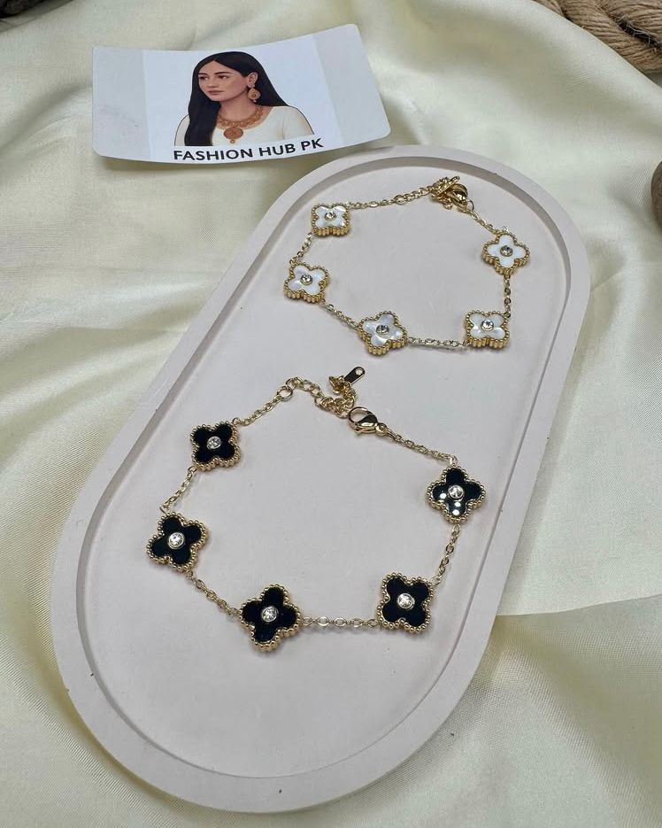 Floral Charm Bracelet – Black & White Enamel Elegance | FashionHubPK7