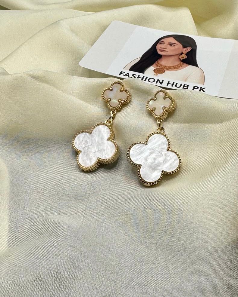Elegant Clover Drop Earrings – Red & Pearl White | FashionHubPK7
