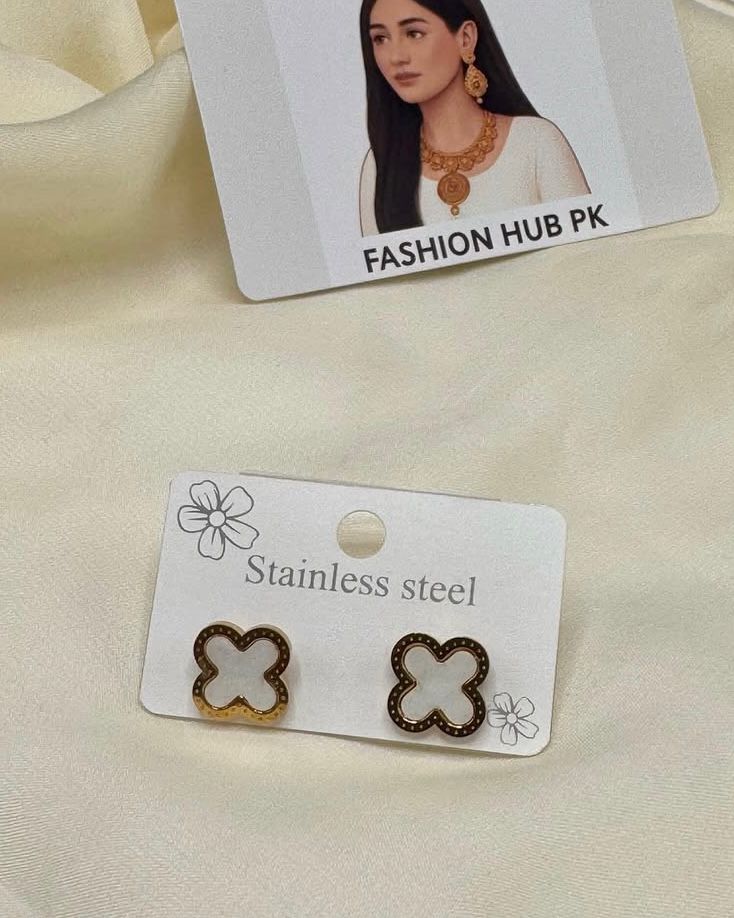 Clover-Shaped Stud Earrings – Red & White Stainless Steel Tops | FashionHubPK7