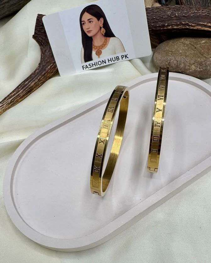 Elegant Roman Numeral Bangles – Unisex Gold-Toned Bracelets | FashionHubPK7