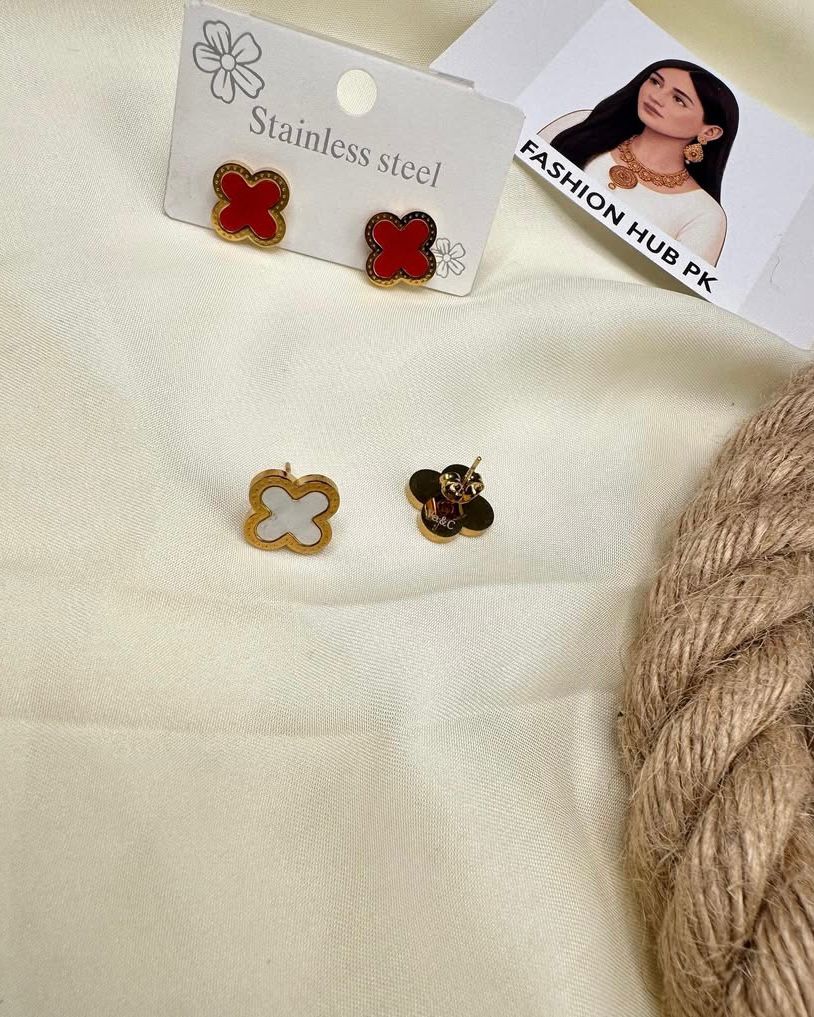 Clover-Shaped Stud Earrings – Red & White Stainless Steel Tops | FashionHubPK7