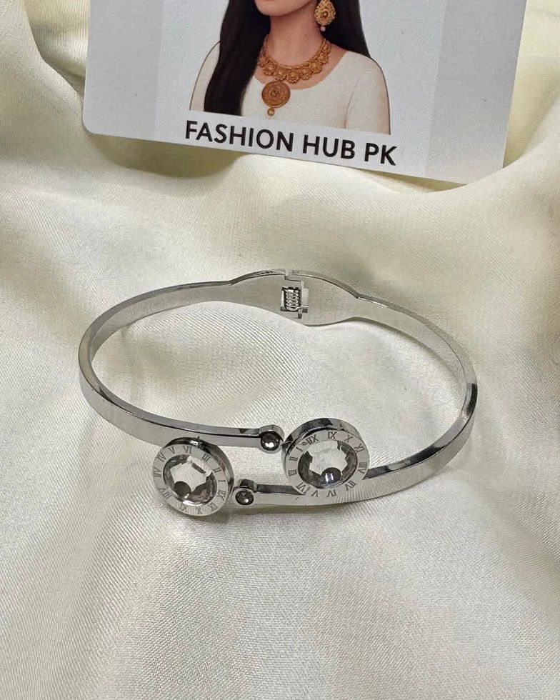 Roman Dial Silver Bangle – Elegant Stainless Steel Bracelet | FashionHubPK7