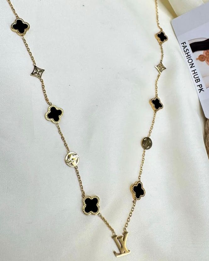 Luxe Clover & LV Charm Necklace – Gold-Tone Stainless Steel | Fashion Hub PK