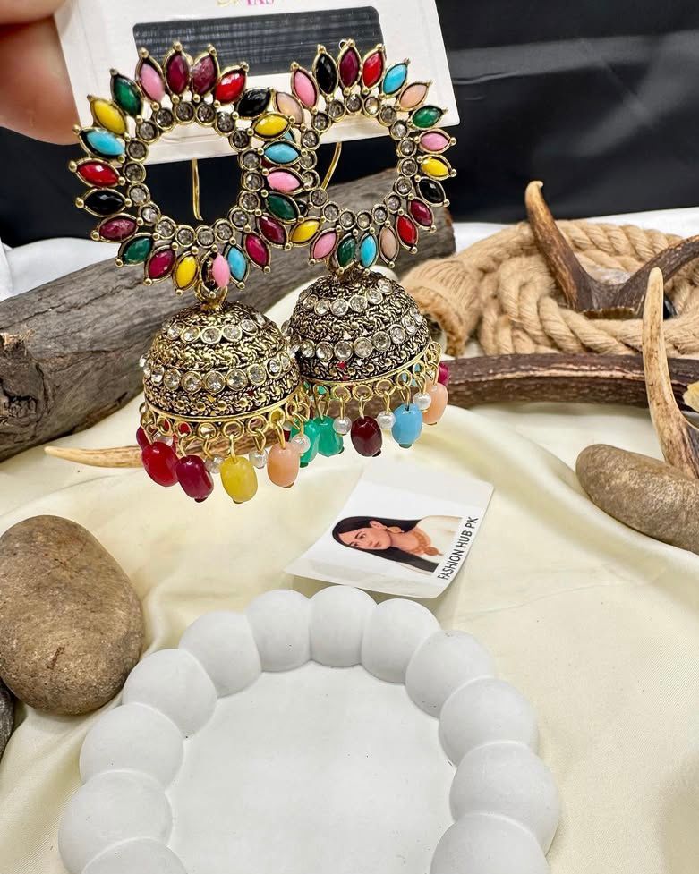 Multicolor Jumkay – Festive Ethnic Earrings with Gold Detailing | FashionHubPK7