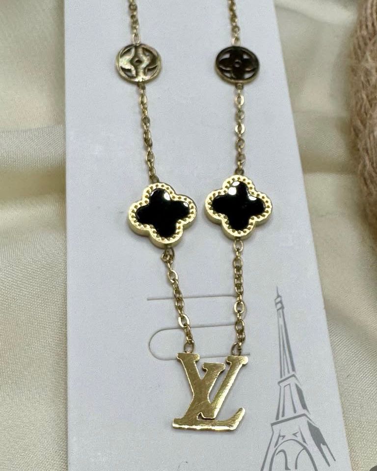 Luxe Clover & LV Charm Necklace – Gold-Tone Stainless Steel | Fashion Hub PK