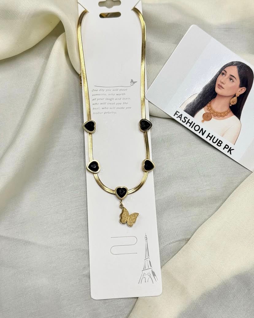 Elegant Heart & Butterfly Necklace – Gold-Tone Charm | FashionHubPK7
