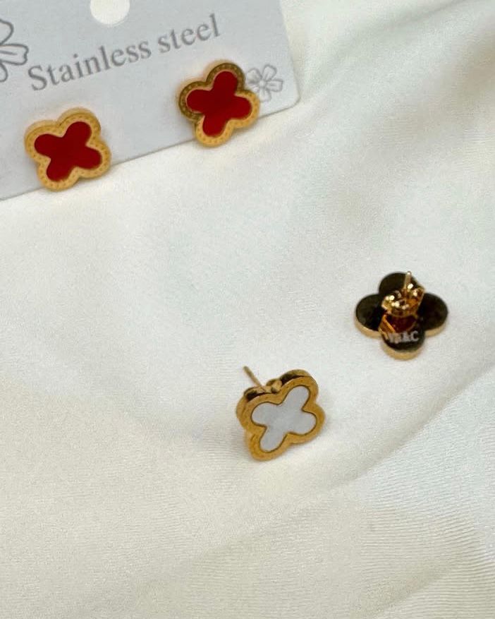 Clover-Shaped Stud Earrings – Red & White Stainless Steel Tops | FashionHubPK7