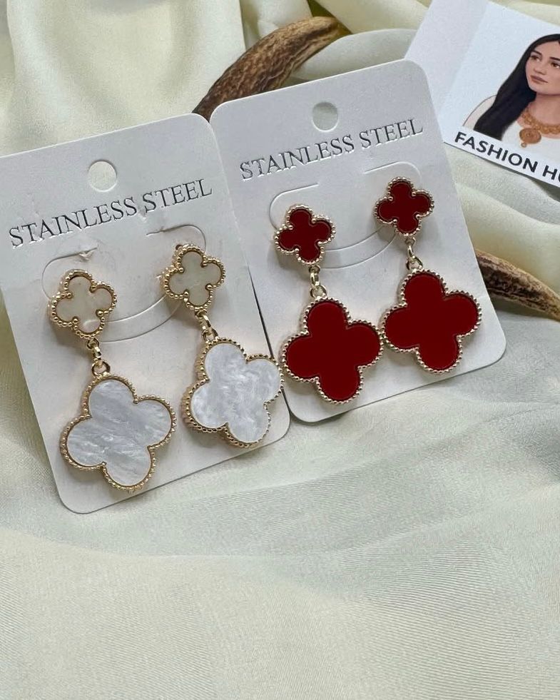 Elegant Clover Drop Earrings – Red & Pearl White | FashionHubPK7