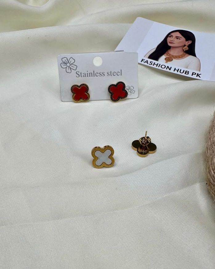 Clover-Shaped Stud Earrings – Red & White Stainless Steel Tops | FashionHubPK7