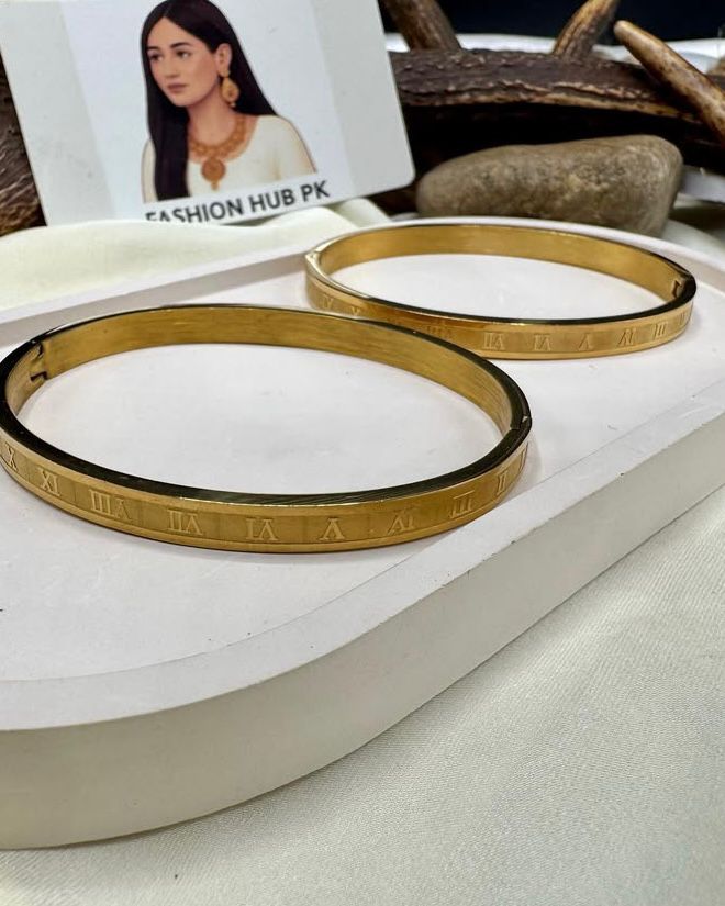 Elegant Roman Numeral Bangles – Unisex Gold-Toned Bracelets | FashionHubPK7