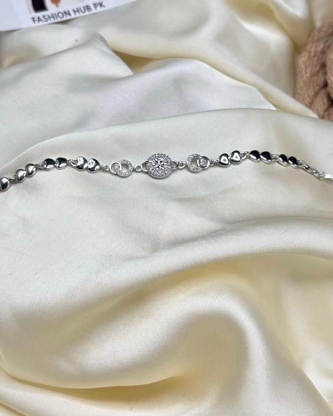 Silver Heart-Link Bracelet with Circle Stone Charm | FashionHubPK7