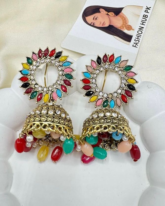 Multicolor Jumkay – Festive Ethnic Earrings with Gold Detailing | FashionHubPK7