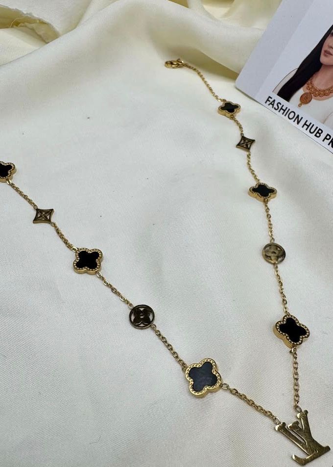 Luxe Clover & LV Charm Necklace – Gold-Tone Stainless Steel | Fashion Hub PK