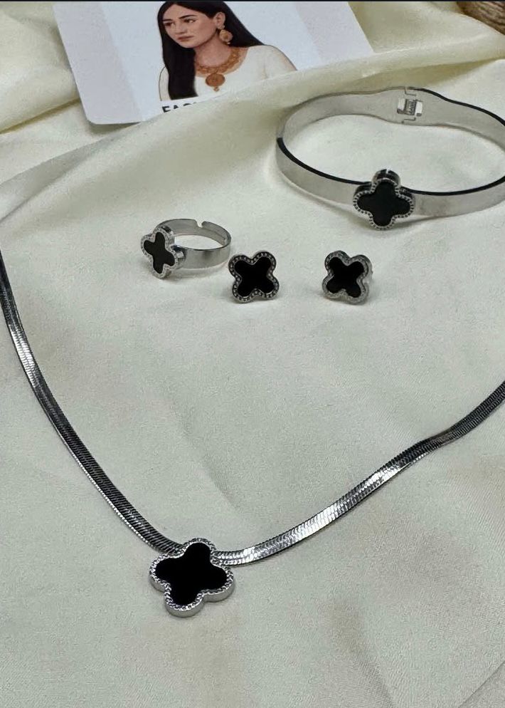 Black Clover Stainless Steel Jewelry Set ā Necklace, Bracelet, Ring & Earrings | FashionHubPK7