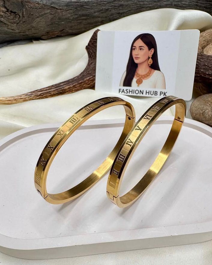 Elegant Roman Numeral Bangles – Unisex Gold-Toned Bracelets | FashionHubPK7