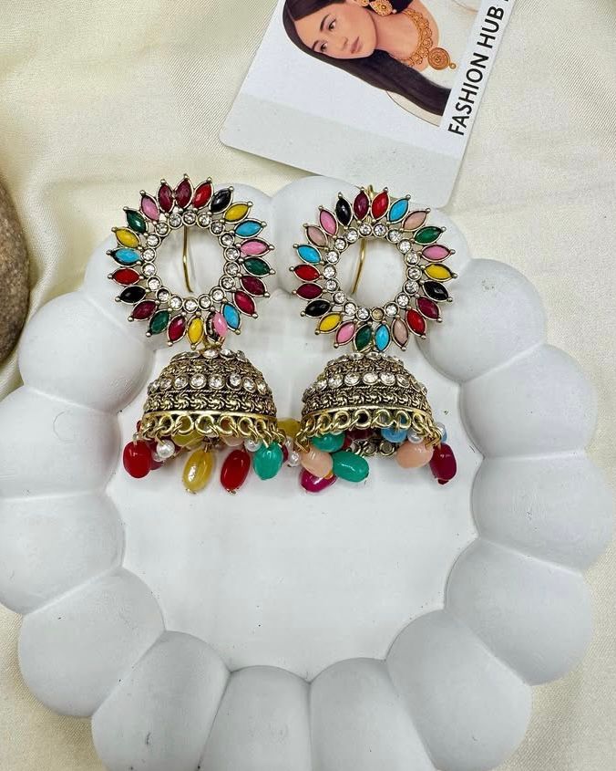 Multicolor Jumkay – Festive Ethnic Earrings with Gold Detailing | FashionHubPK7
