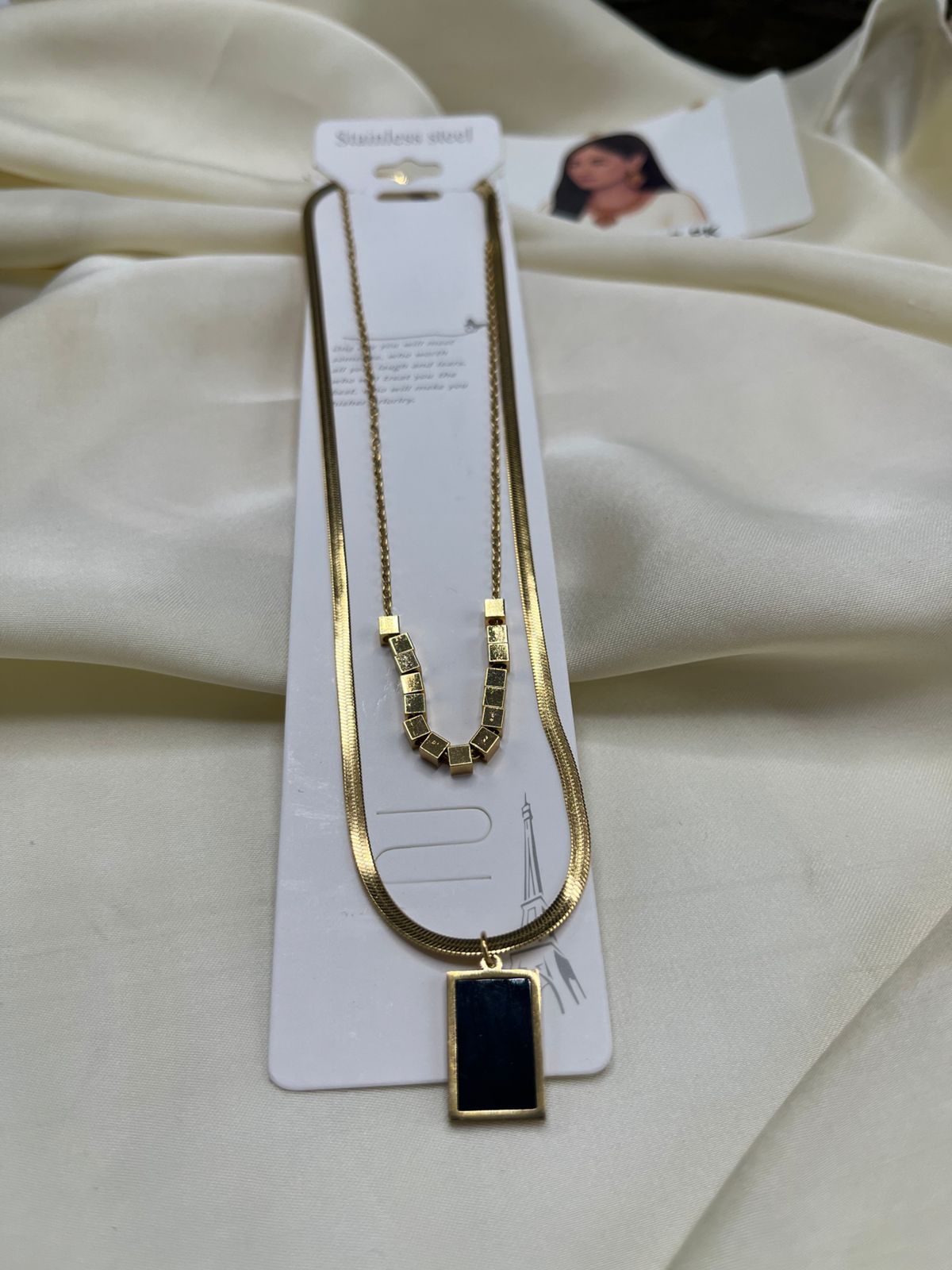 Gold Plated Black Stone Pendant Necklace – Elegant Minimal Jewelry for Women | FashionHubPK7