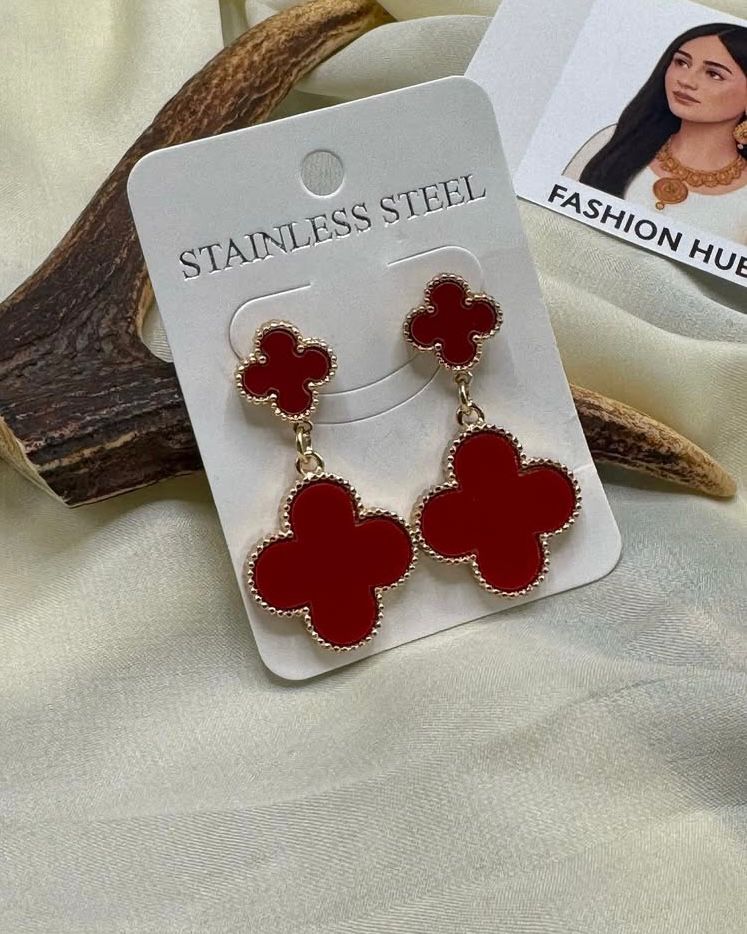 Elegant Clover Drop Earrings – Red & Pearl White | FashionHubPK7
