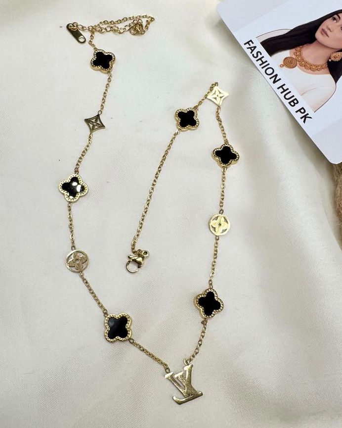 Luxe Clover & LV Charm Necklace – Gold-Tone Stainless Steel | Fashion Hub PK