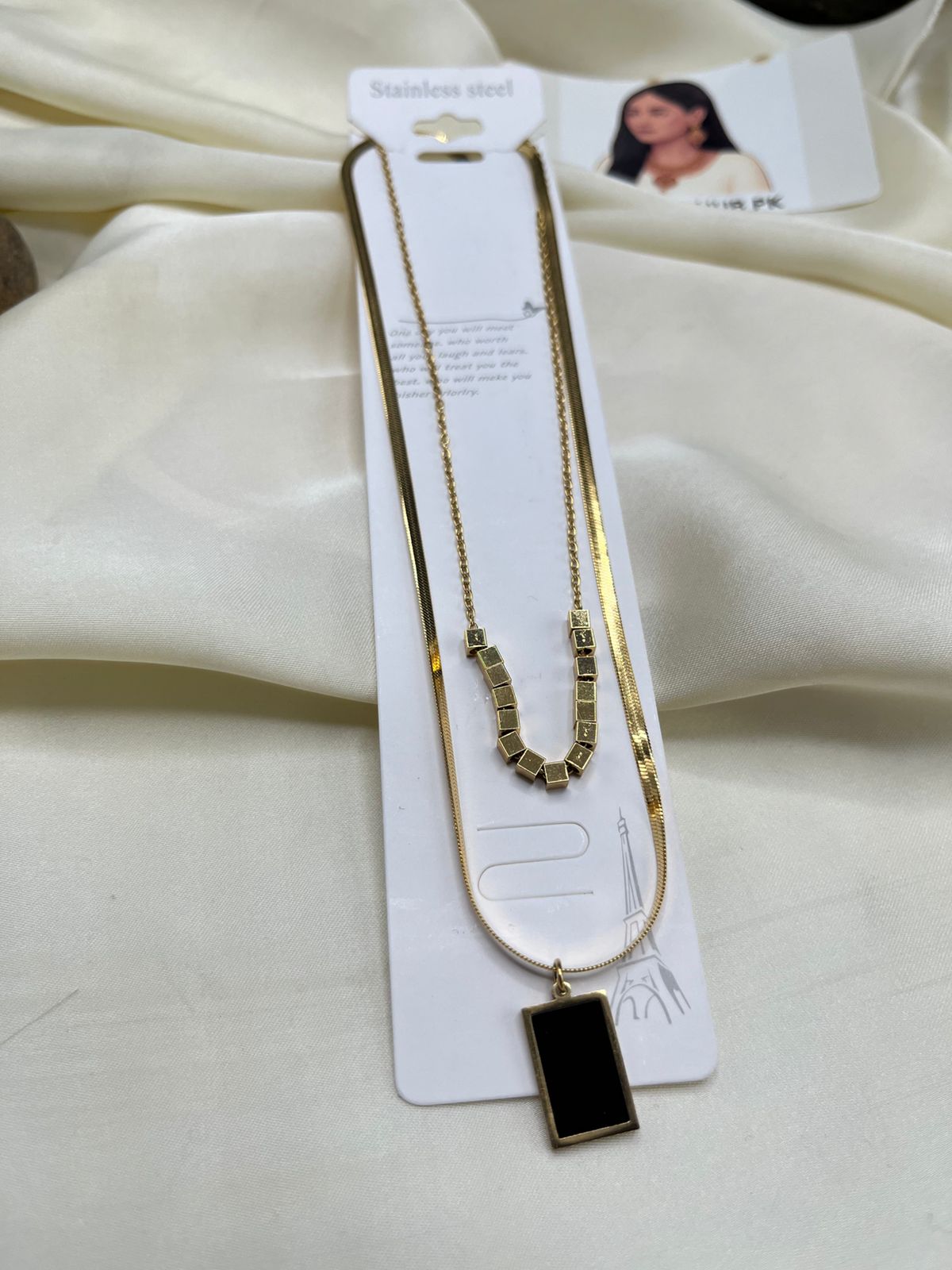 Gold Plated Black Stone Pendant Necklace – Elegant Minimal Jewelry for Women | FashionHubPK7