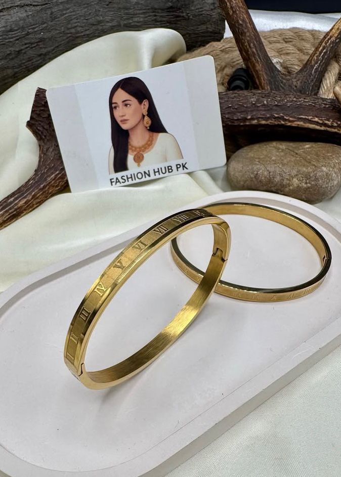 Elegant Roman Numeral Bangles – Unisex Gold-Toned Bracelets | FashionHubPK7