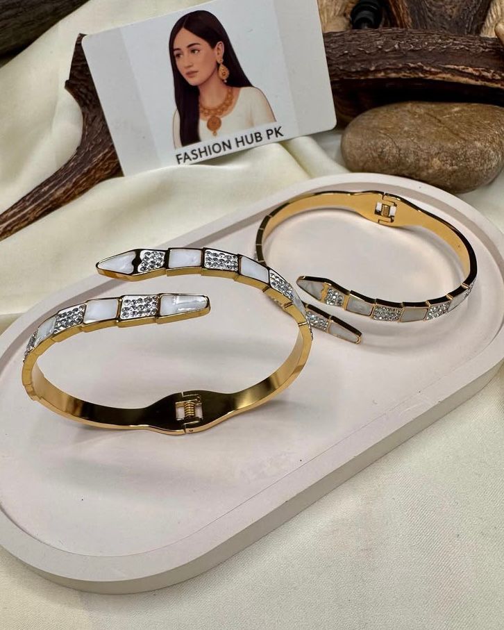 Elegant Snake-Inspired Bangles – Gold-Toned Jewelry with Stone & Enamel Detail | FashionHubPK7