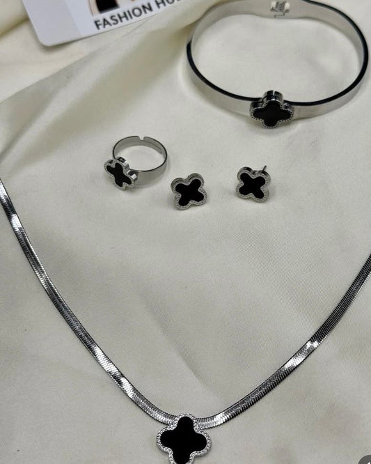 Black Clover Stainless Steel Jewelry Set – Necklace, Bracelet, Ring & Earrings | FashionHubPK7