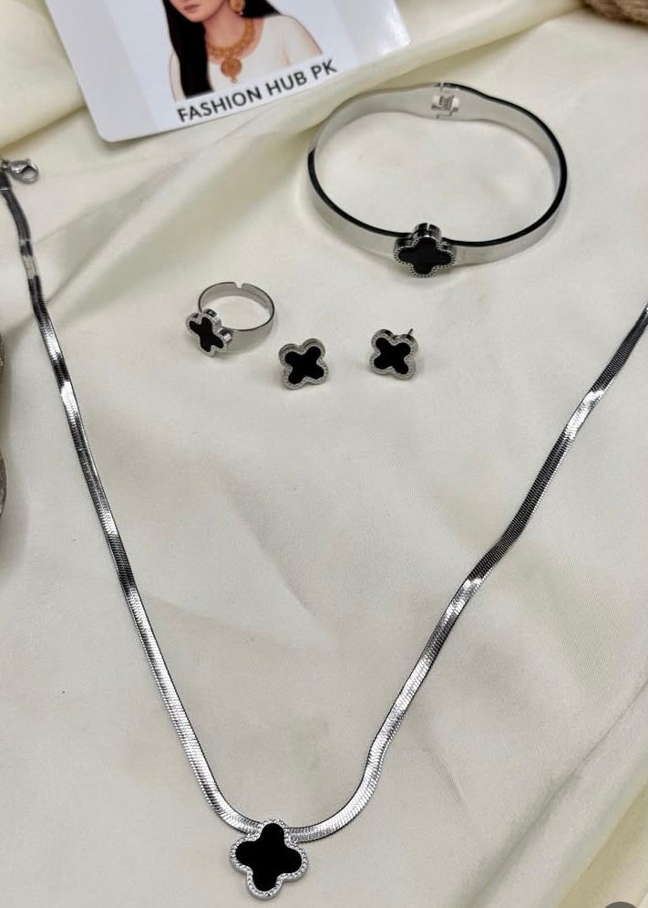 Black Clover Stainless Steel Jewelry Set – Necklace, Bracelet, Ring & Earrings | FashionHubPK7