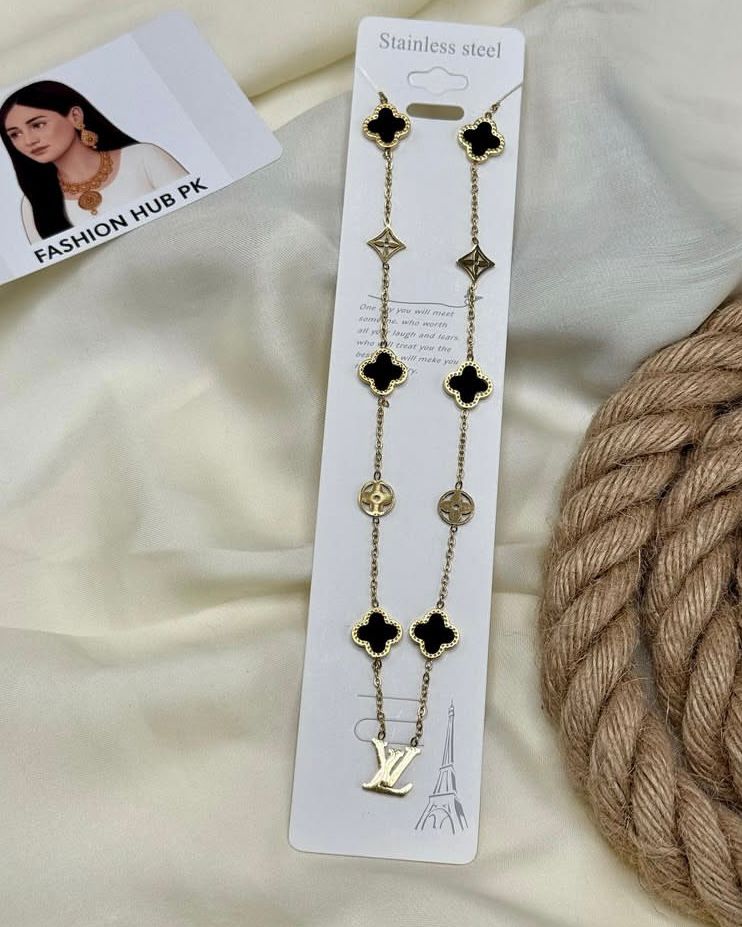Luxe Clover & LV Charm Necklace – Gold-Tone Stainless Steel | Fashion Hub PK