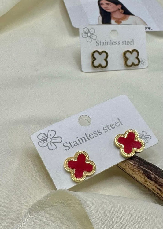Clover-Shaped Stud Earrings – Red & White Stainless Steel Tops | FashionHubPK7