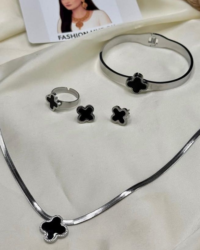 Black Clover Stainless Steel Jewelry Set – Necklace, Bracelet, Ring & Earrings | FashionHubPK7
