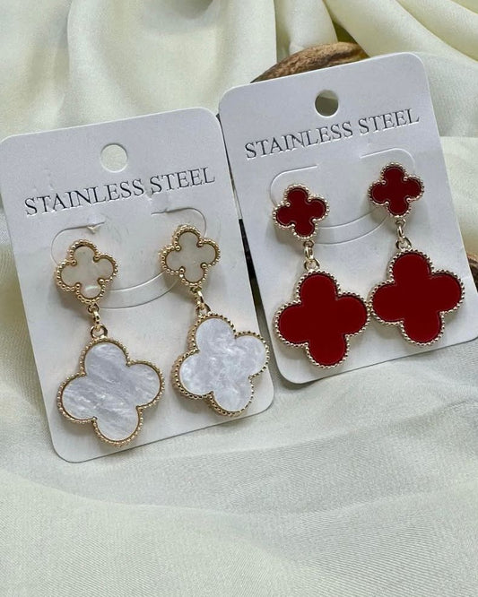 Elegant Clover Drop Earrings – Red & Pearl White | FashionHubPK7