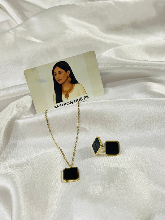 Black Square Pendant Necklace with Matching Studs – Minimalist Gold Jewelry | FashionHubPK7
