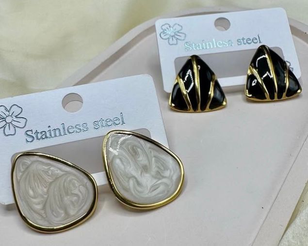 Trendy Stainless Steel Stud Earrings – White Marble & Black Gold Design | FashionHubPK7