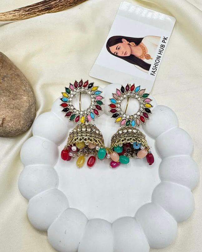 Multicolor Jumkay – Festive Ethnic Earrings with Gold Detailing | FashionHubPK7