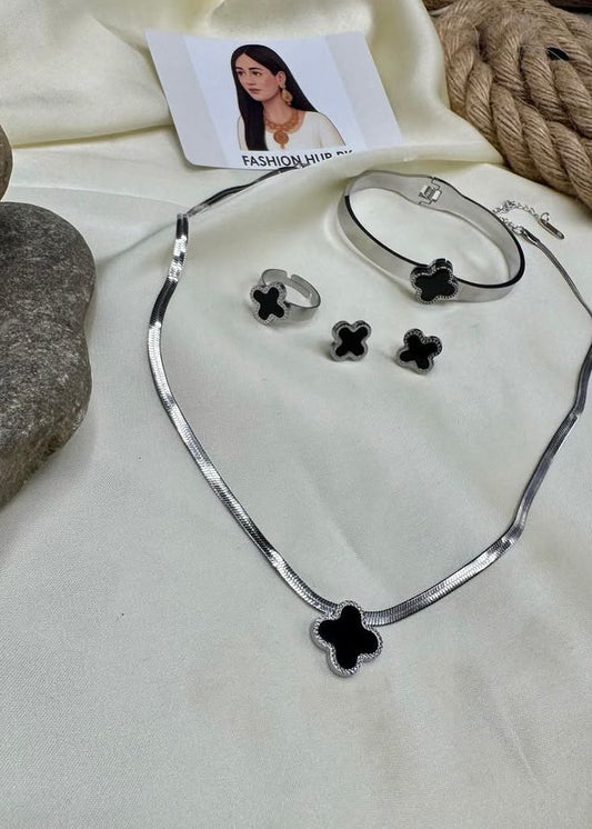 Black Clover Stainless Steel Jewelry Set – Necklace, Bracelet, Ring & Earrings | FashionHubPK7