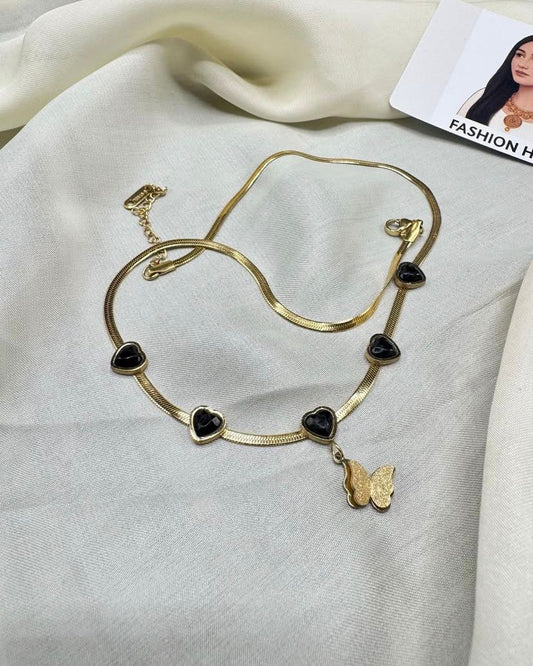 Elegant Heart & Butterfly Necklace – Gold-Tone Charm | FashionHubPK7