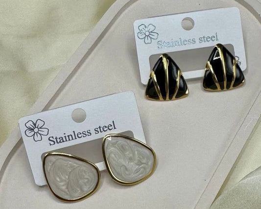 Trendy Stainless Steel Stud Earrings – White Marble & Black Gold Design | FashionHubPK7
